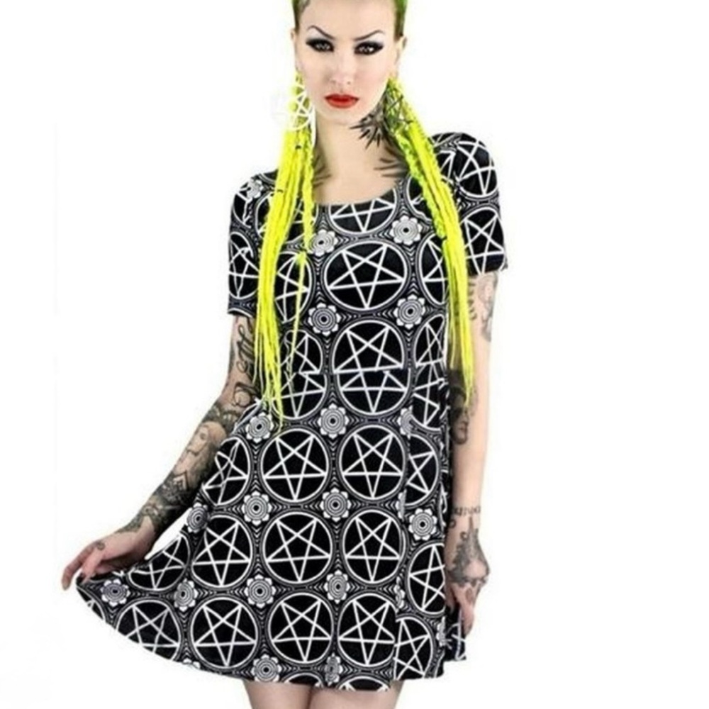 KILLSTAR Velvet Pentagram Short Sleeve Skater Mini Dress